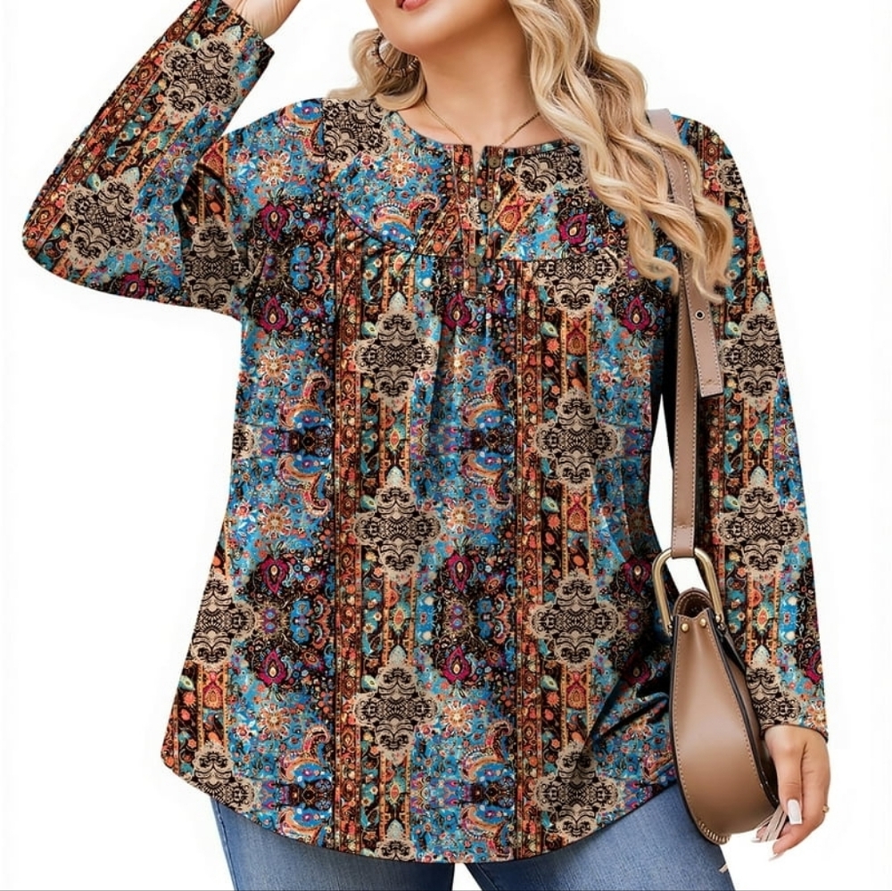 Fantaslook Colorful Boho Hippie Print Long Sleeve Pleated Peasant Top 3XL